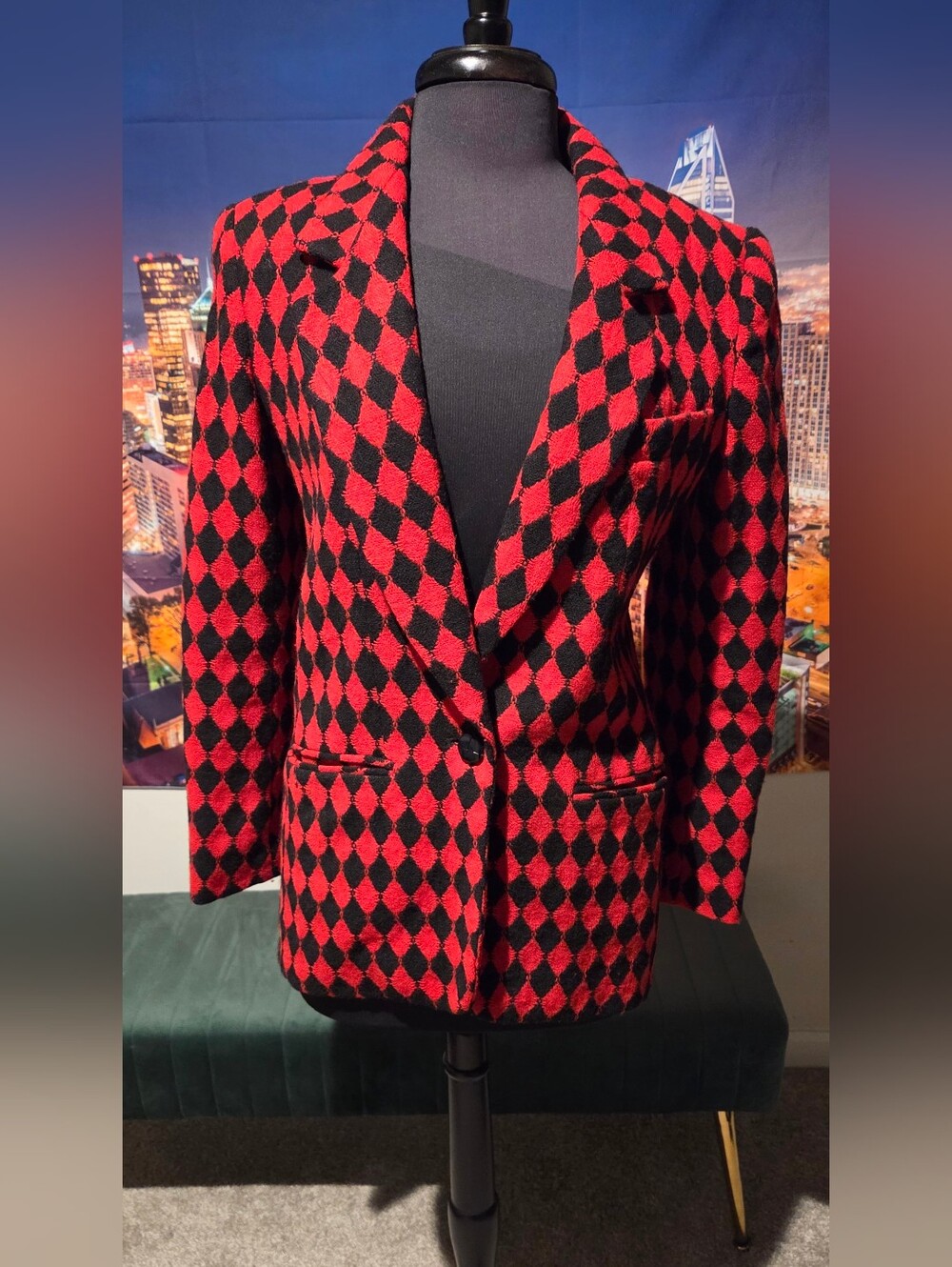 Women’s Red and Black Diamond-Pattern Blazer Jacket